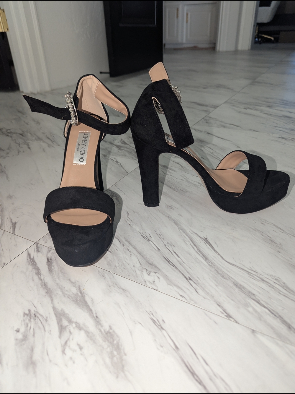 Jimmy Choo Black Suede Rhinestone Ankle-Strap Heels